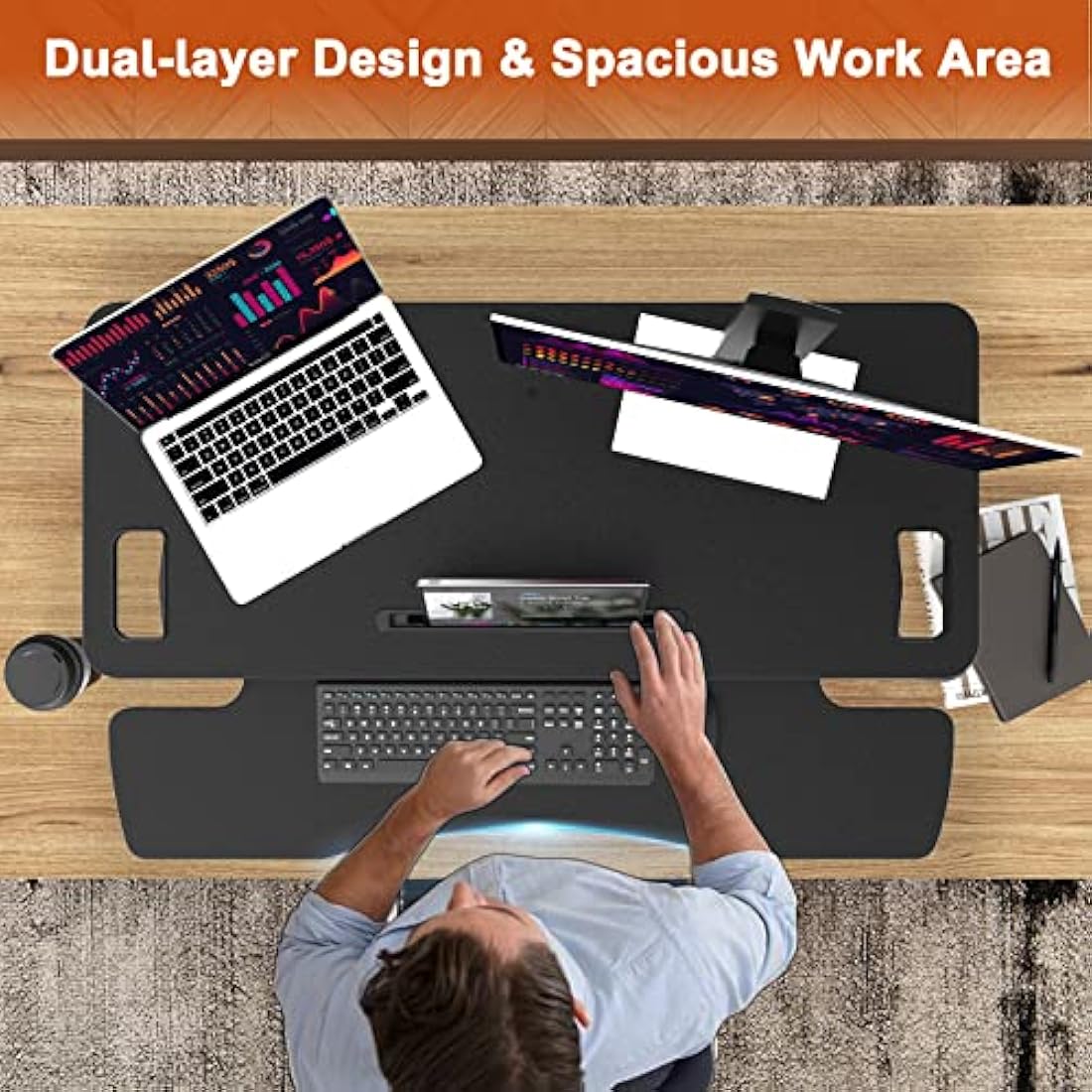 PUTORSEN 37.4 inch Standing Desk Converter, Height Adjustable Ergonomic Adjustable Sit Stand Desk Converter with 37.2 inch Keyboard Tray and Tablet Slot, Black