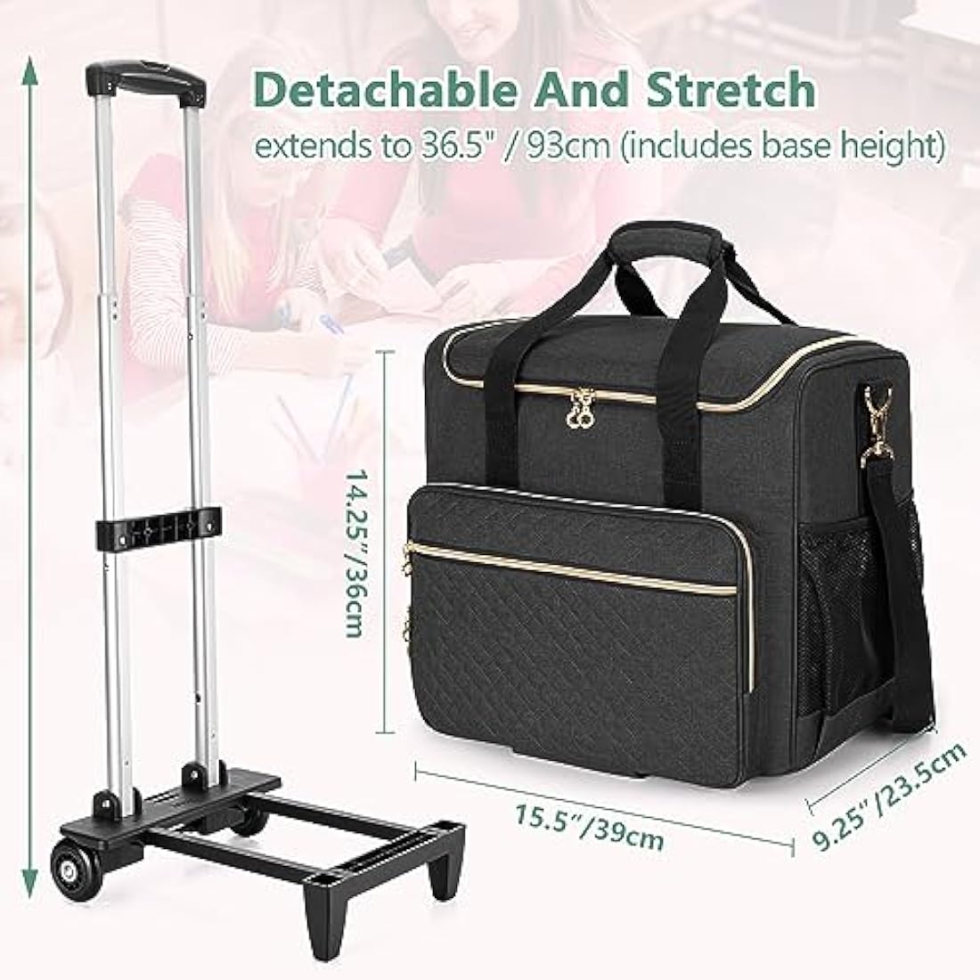 Luxja Rolling Teacher Bag with Laptop Compartment and Detachable Dolly, Multifunctional Rolling Teacher Tote Bag (Bag Only), Black