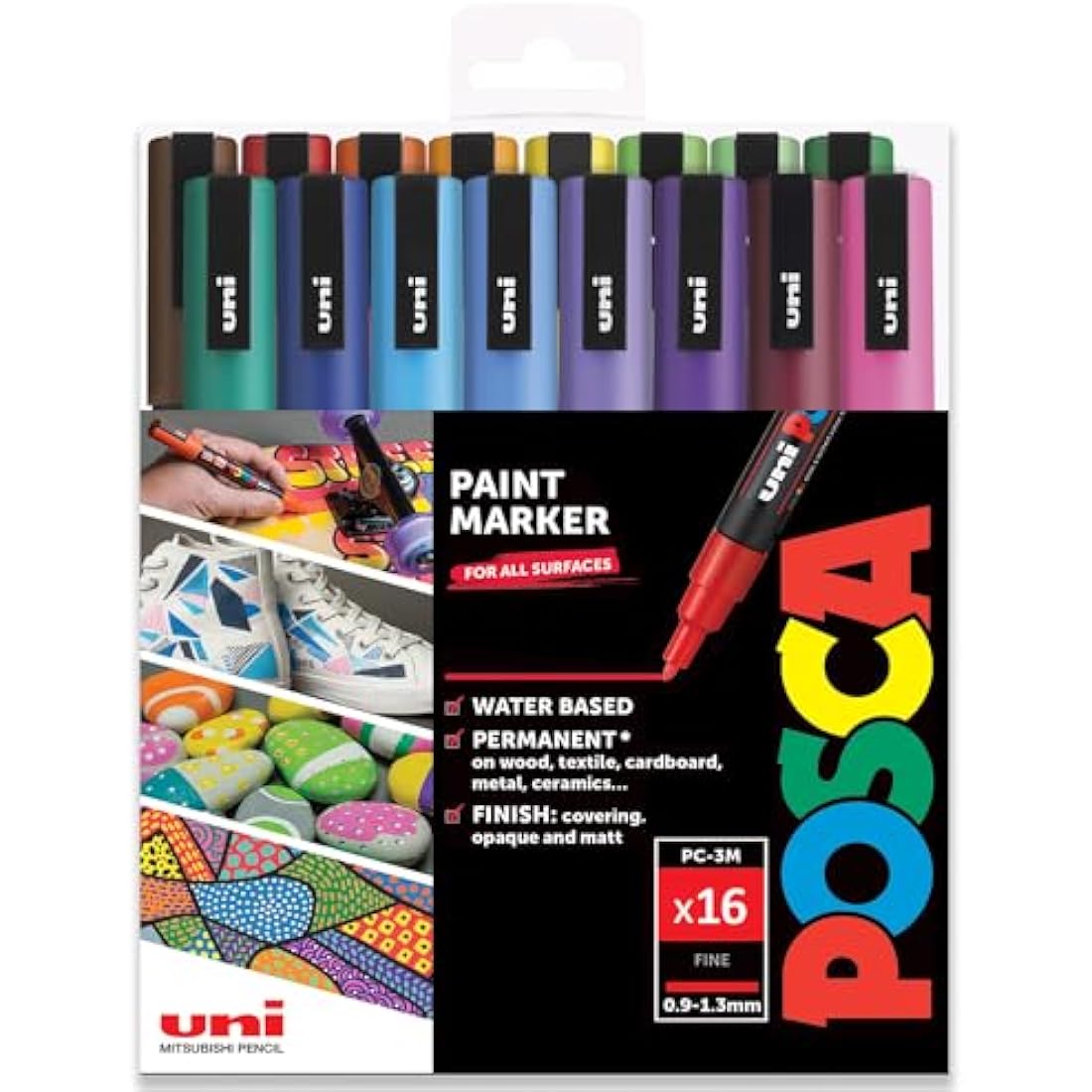 Posca Water Based Permanent Marker Paint Pen - Multi Surface Use - PC-3M 0.9-1.3mm Fine - Set of 16 Pens in Plastic Gift Wallet - Full Spectrum
