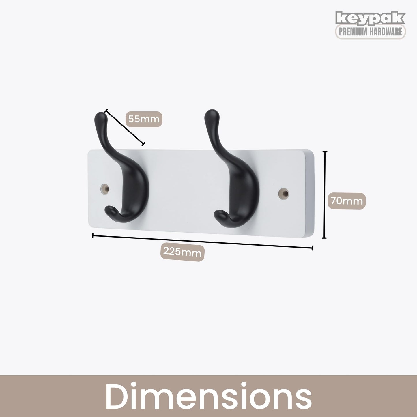keypak 2 Matte Black Coat Hooks on White Wooden 22.5cm Board 3.4kg Per Hook