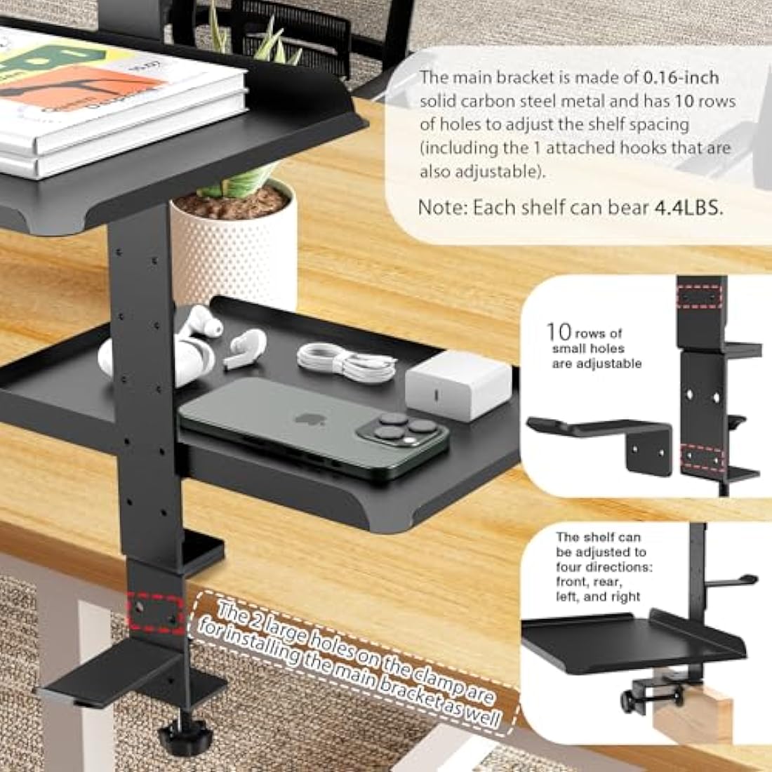 ROLIZOE Clamp On Desk Shelf Organiser with Adjustable Metal Tray & Headphone Stand 3 Tier Shelving Unit Above or Under Desk Storage No Drill Extender Shelves Anti-Slip Desktop Shelf for Home Office
