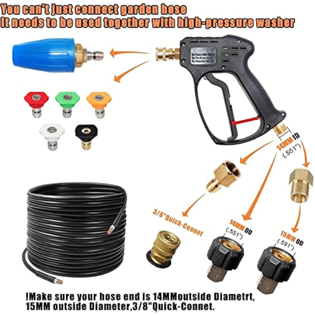 YUET High Pressure Washer Gun Handle with 5 Water Nozzle Tips,Water Wash Cleaner for Car Cleaning Kit(M22 14MM Fitting Hose Connector & 1/4" Karcher Kärcher Quick Connector) Power Wand 4350 PSI