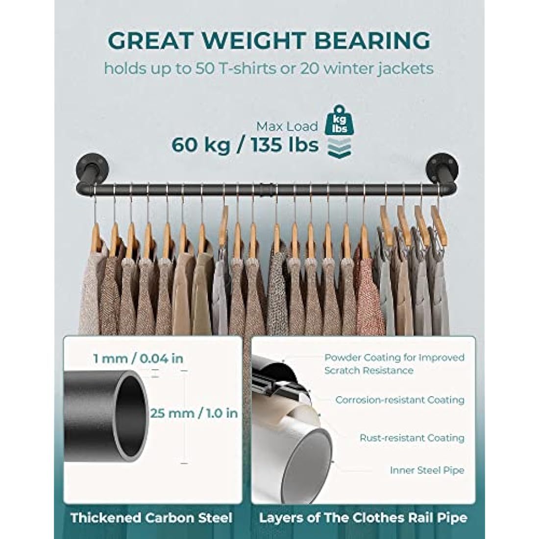 OROPY Industrial Pipe Clothes Bar Rack, Set of 2, 92cm Wall Mounted Detachable Retro Metal Garment Hanging Storage Rail (Double Base)