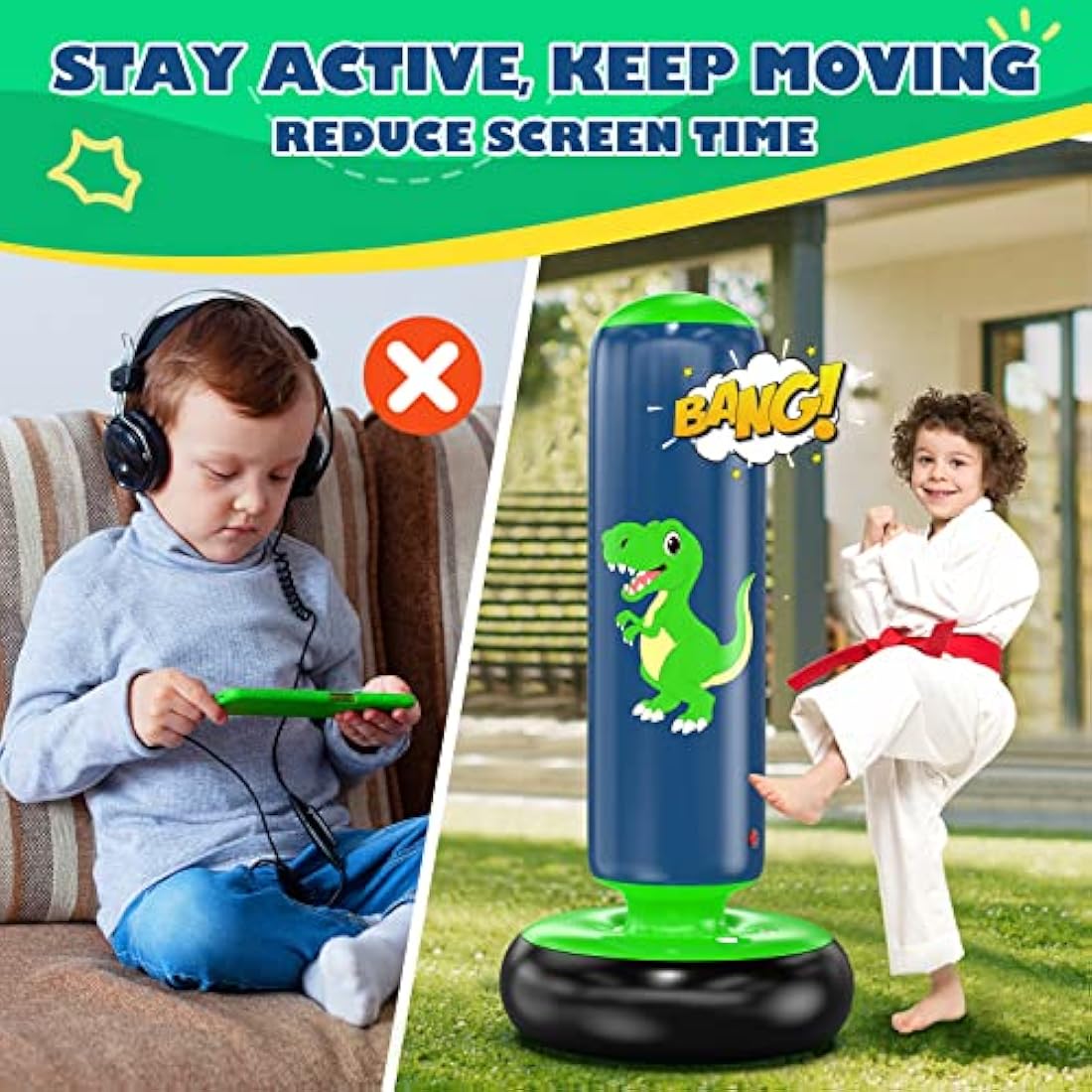 QPAU Inflatable Kids Punching Bag, 48 Inch Stable Boxing Bag with Boxing Gloves, Punch Bag Dinosaur Toy & Gifts for Boys Girls Age 3-8, Set for Practicing Karate, Taekwondo, MMA