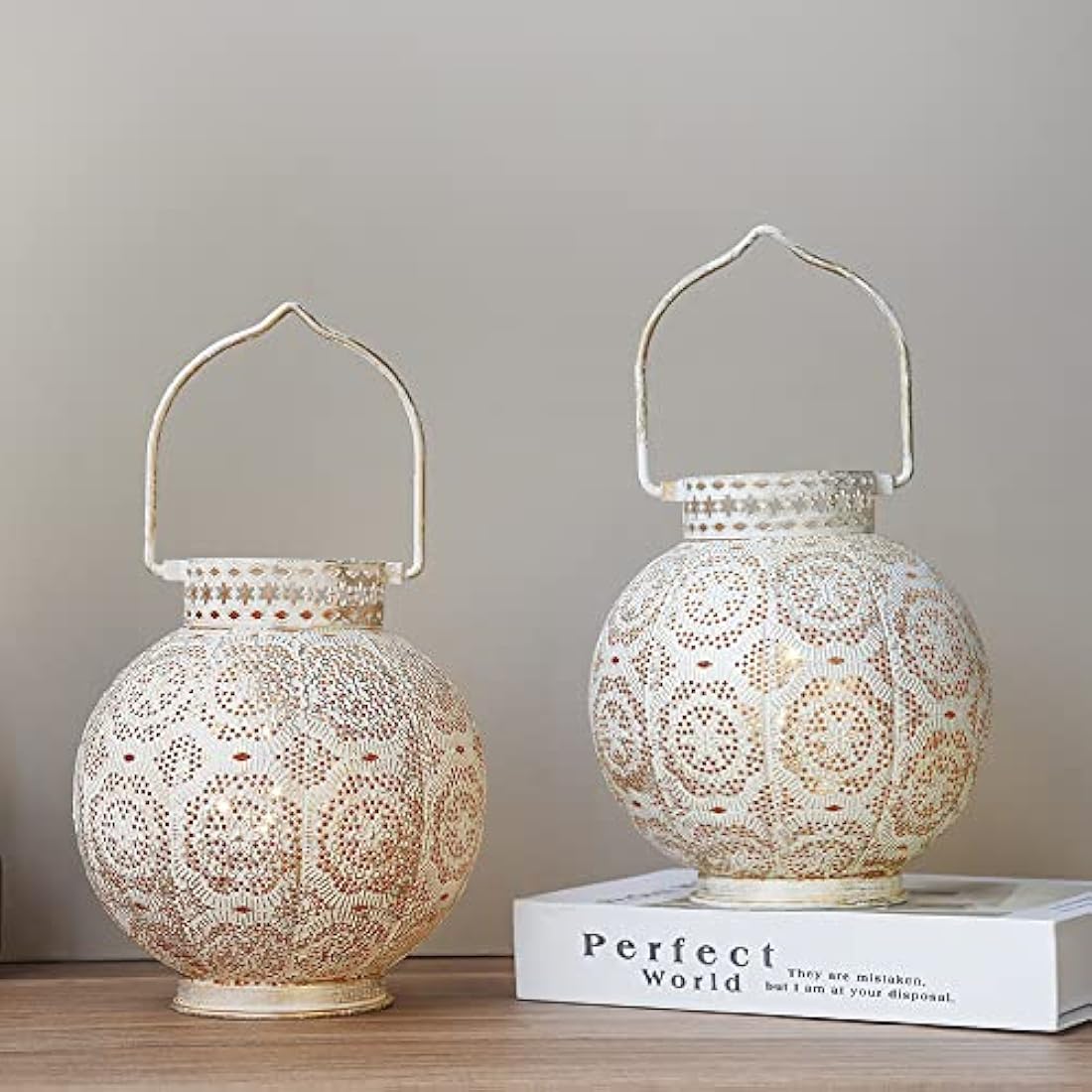 TRIROCKS Set of 2 Moroccan Style Metal Table Lamp 18cm H Battery Powered Cordless Lanterns with LED Fairy Lights Bulb Perfect for Home Living Room Parties Tabletop Indoors (White)