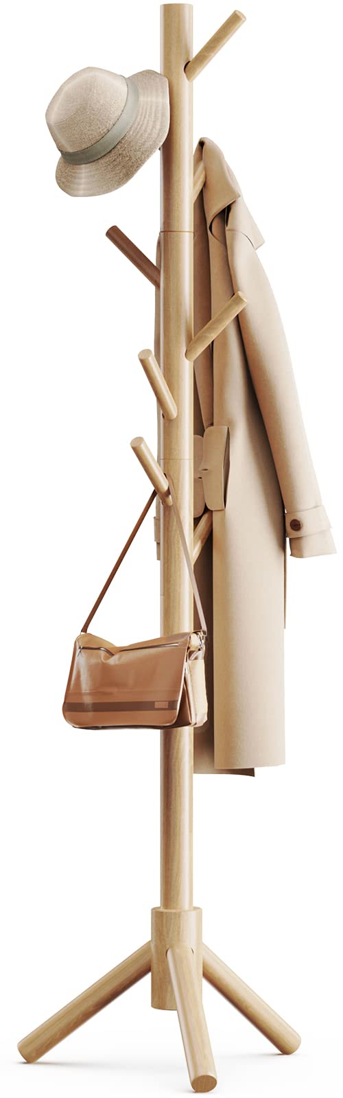 Pipishell Coat Rack, Wooden Coat Rack Stand with 3 Height Options and 8 Hooks, Sturdy Freestanding Coat Rack for Clothes/Bags/Hats, Coat Rack for