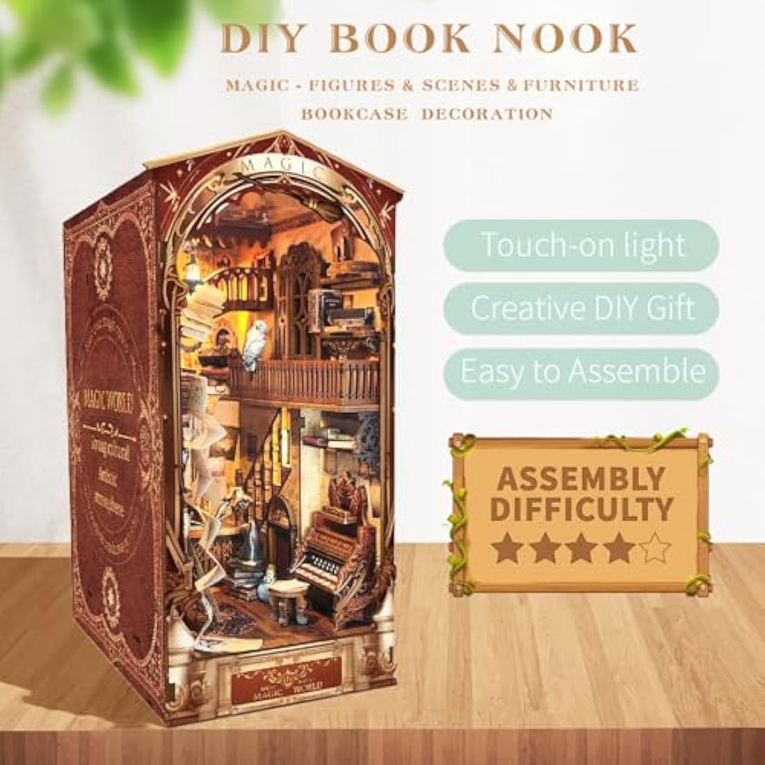 Spilay DIY Book Nook Kit, DIY Puppenhäuser holz Miniatur Haus Möbel Kit Mit LED-Licht,Schutzhülle,3D Holzpuzzle Buchstütze Bücherregal Dekoration,Buchstützen Modell Build-Creativity Kit-SQ14