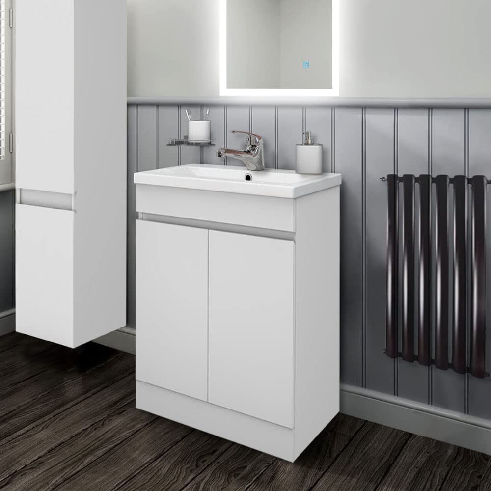 Biubiubath 600mm Bathroom Sink Unit with Basin Gloss White 2 Soft Close Doors Freestanding Bathroom Suite with Vanity Unit Modern Handless Design