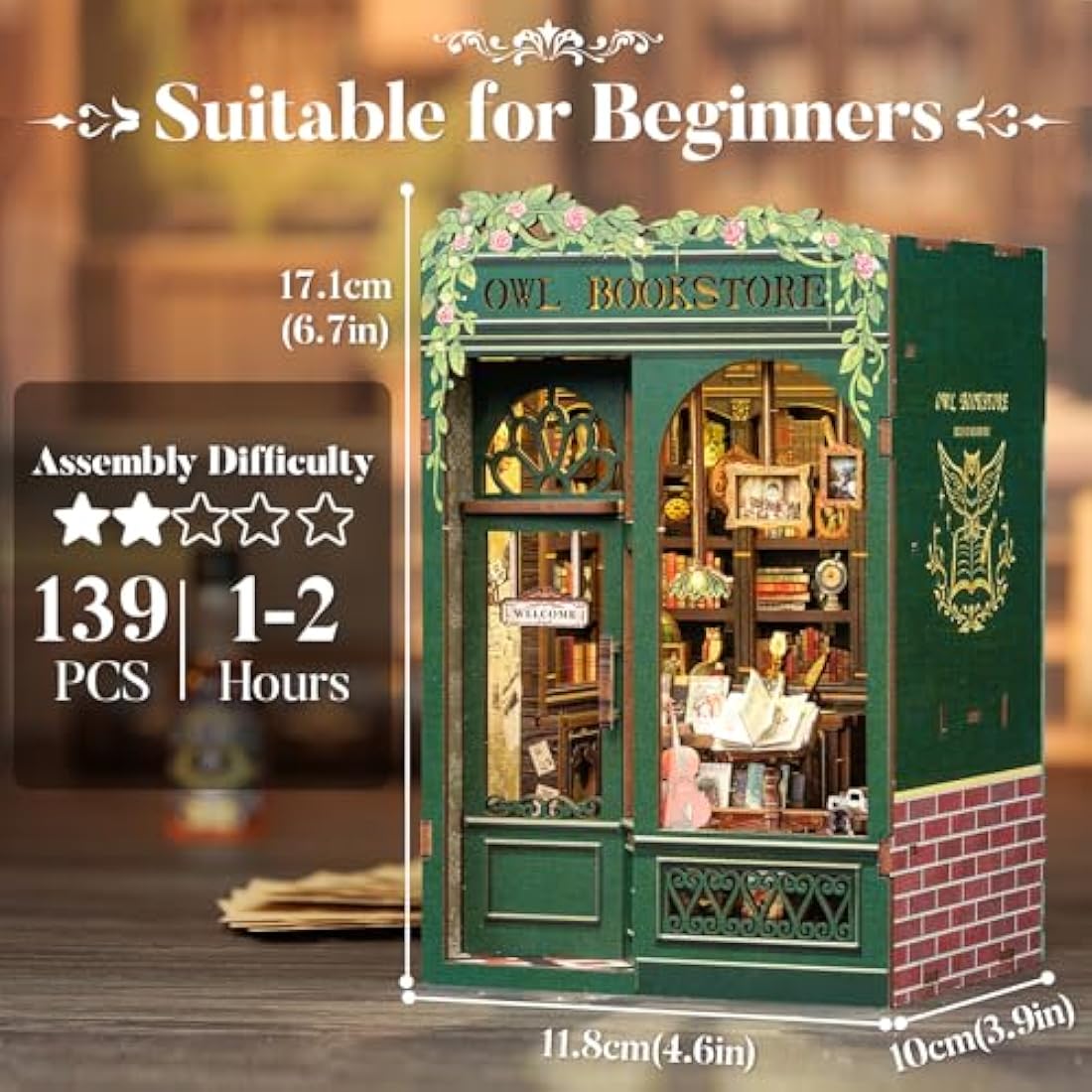 CUTEBEE Book Nook Kit - DIY Miniature Dollhouse Kits for Adults and Teens, 3D Wooden Puzzle Bookshelf Decor Alley Model Build with LED Light, Gifts for Family and Friends (Owl Bookstore)