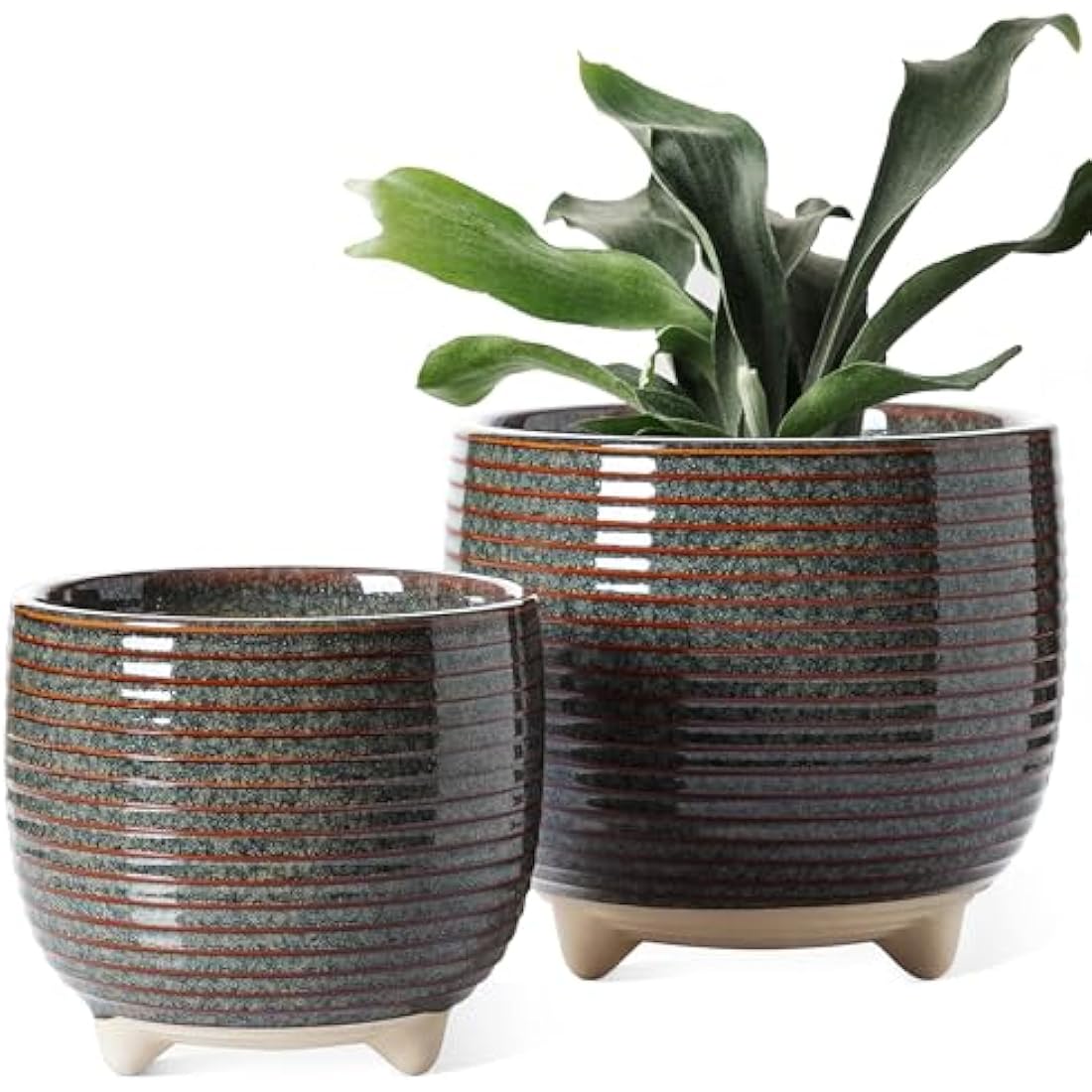 LE TAUCI Ceramic Plant Pots, 12 + 16 cm Footed Pots for Plants, Cute Modern Flower Pots for House and Office, Small Indoor Planters with Drainage, Reactive Glaze Black