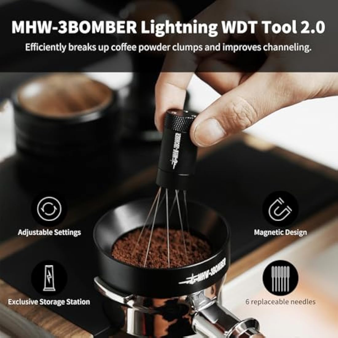 MHW-3BOMBER Wdt Tool 2.0, Adjustable Range Coffee Distribution Tool Coffee Stirrer 8 SUS304 Needles 0.4mm, Magnetic Stand Storage with 6 Replacement Needles Model: T6126-OS