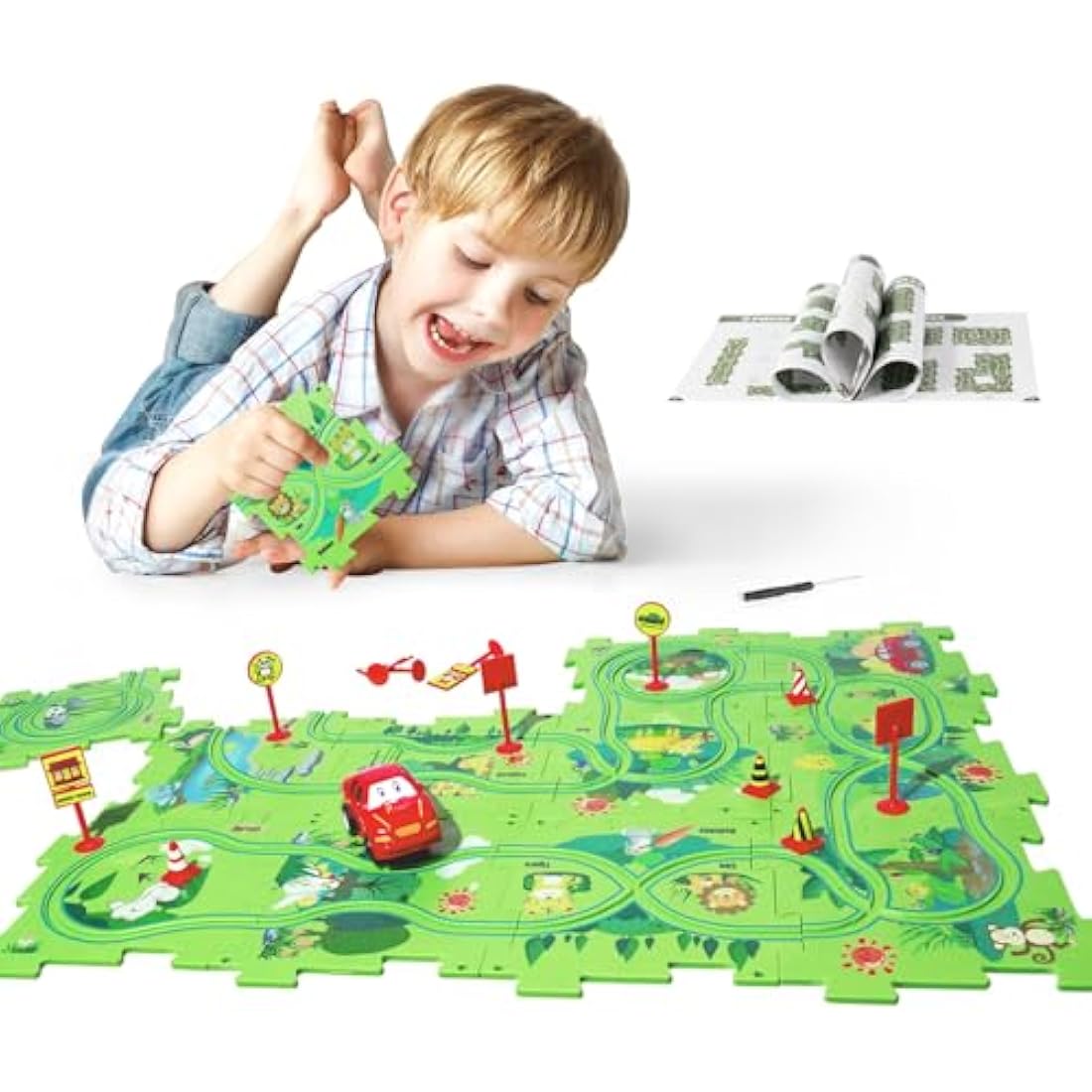 Plastic Puzzles for Kids Ages 3-5 with A Cute Car, Toddler Puzzle Track Play Set Gift, Critical Thinking Educational Toys, Toys for 3 4 5 6 Year Old Boys Girls, Montessori Toys for Kids