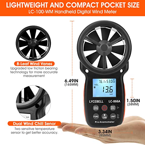 LYCEBELL Handheld HVAC Anemometer LC-866A, Pro Digital Wind Speed Meter for Wind Velocity CFM Measuring, Air Flow Meter, USB Connect to PC, Balance