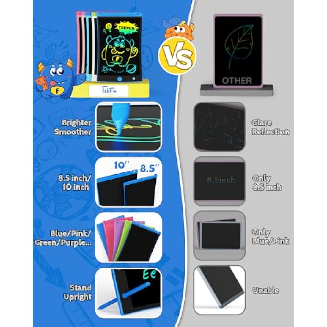 TEKFUN 2 Pack LCD Writing Tablet, 8.5inch Colorful Drawing Tablet for Kids, Erasable Writing Drawing Board with Lanyard, Learning Toys Gifts for 3 4 5 6 7 Years Old Boys Girls Toddlers (2X Blue)