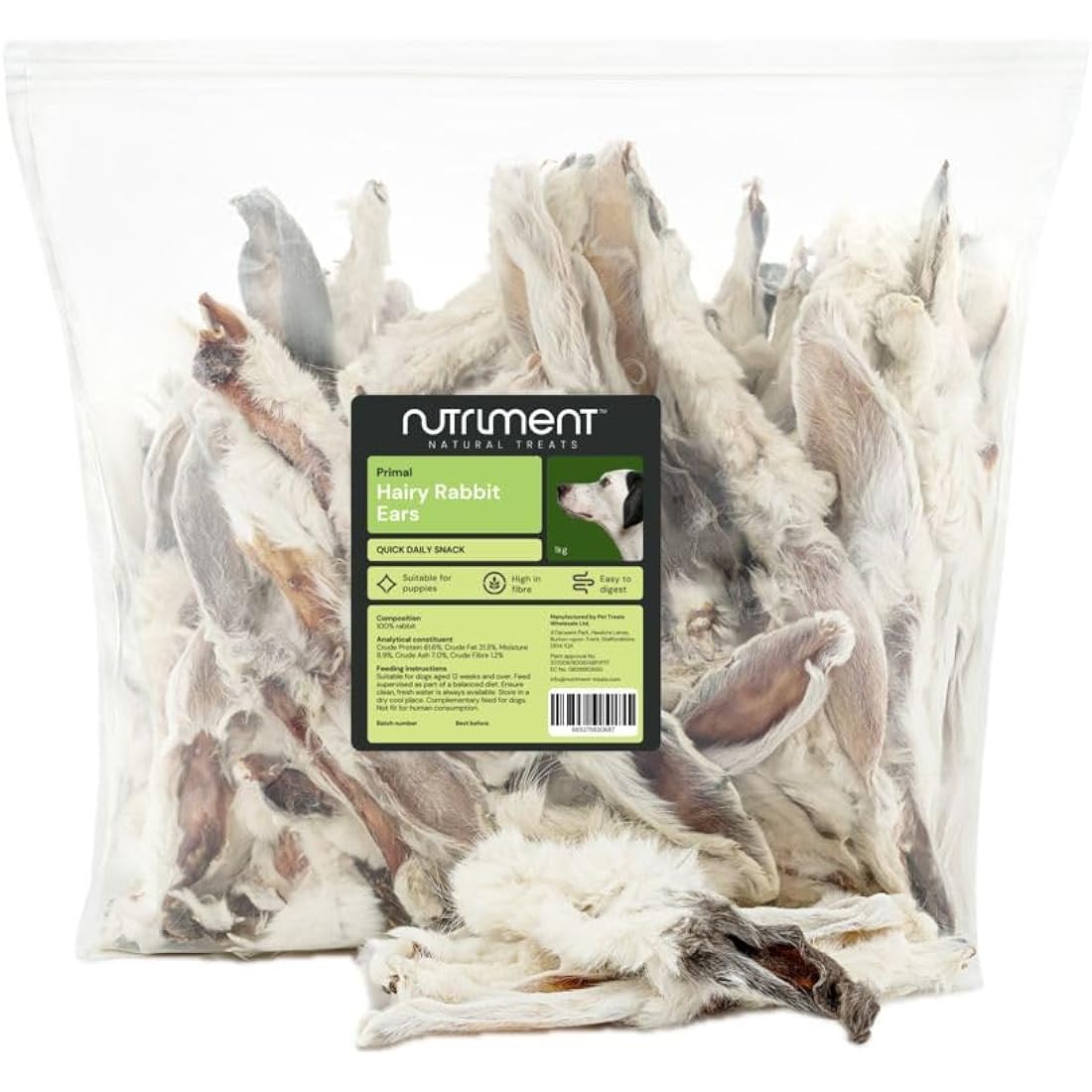 Natural Treats Air Dried Hairy Rabbit Ears (1kg) Low Fat Dental Chew Dog Treats