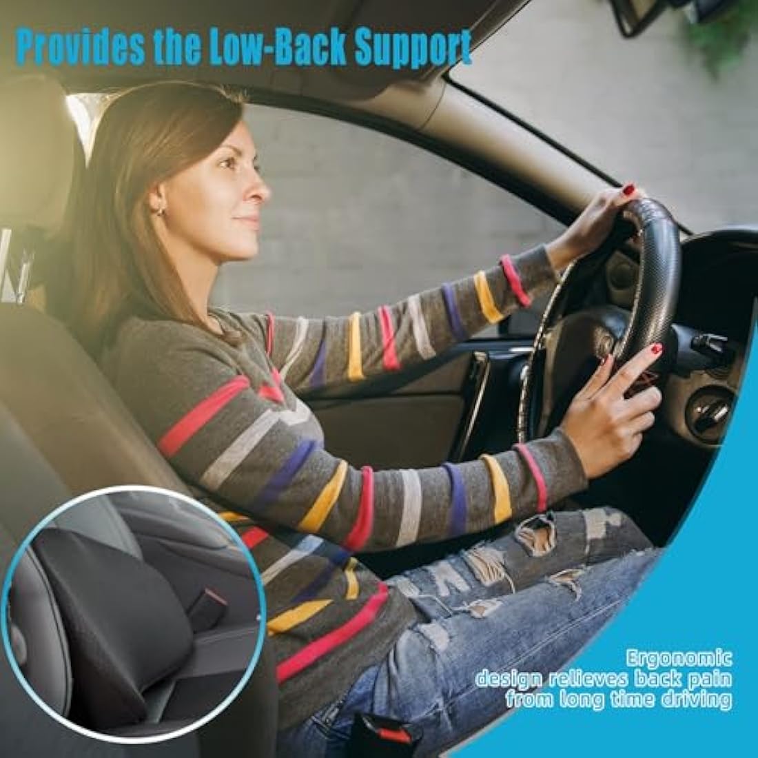 OLYDON Car Seat Cushion for Driving - Comfort Memory Foam for Car Driver Seat- Back Support & Pain Relief - Car Travel Accessories for Long Trips (Black)