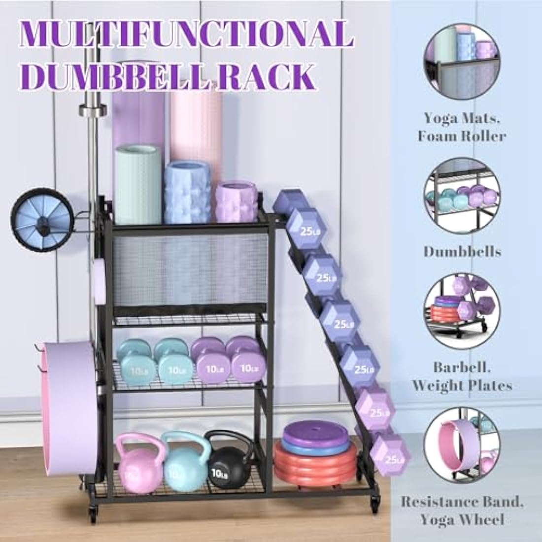 Mythinglogic Dumbbell Rack Stand, Multifunctional Weight Rack for Dumbbells, Yoga Mat, Fascia Roller, Kettlebell and Yoga Block, Powder-Coated Steel Dumbbell Stand with Wheels and Hooks