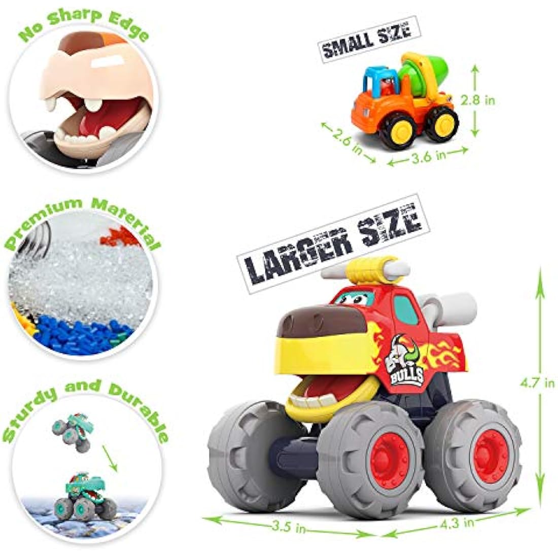 MOONTOY Monster Truck Car Toy Set for 1-3 Years, 3-Piece Cartoon Monster Truck Toy Cars, Red, Blue, Green