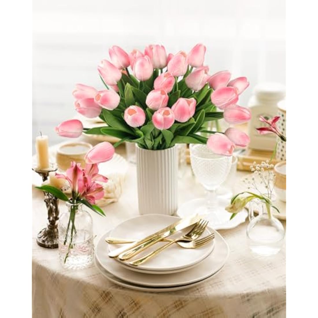 N&T NIETING Artificial Tulips Flowers, 12Pcs Fake Tulip Real Touch Latex Faux Tulips Flowers Bouquet for Wedding Floral Arrangements Mother's Day Home Easte Decorations(Light Pink)
