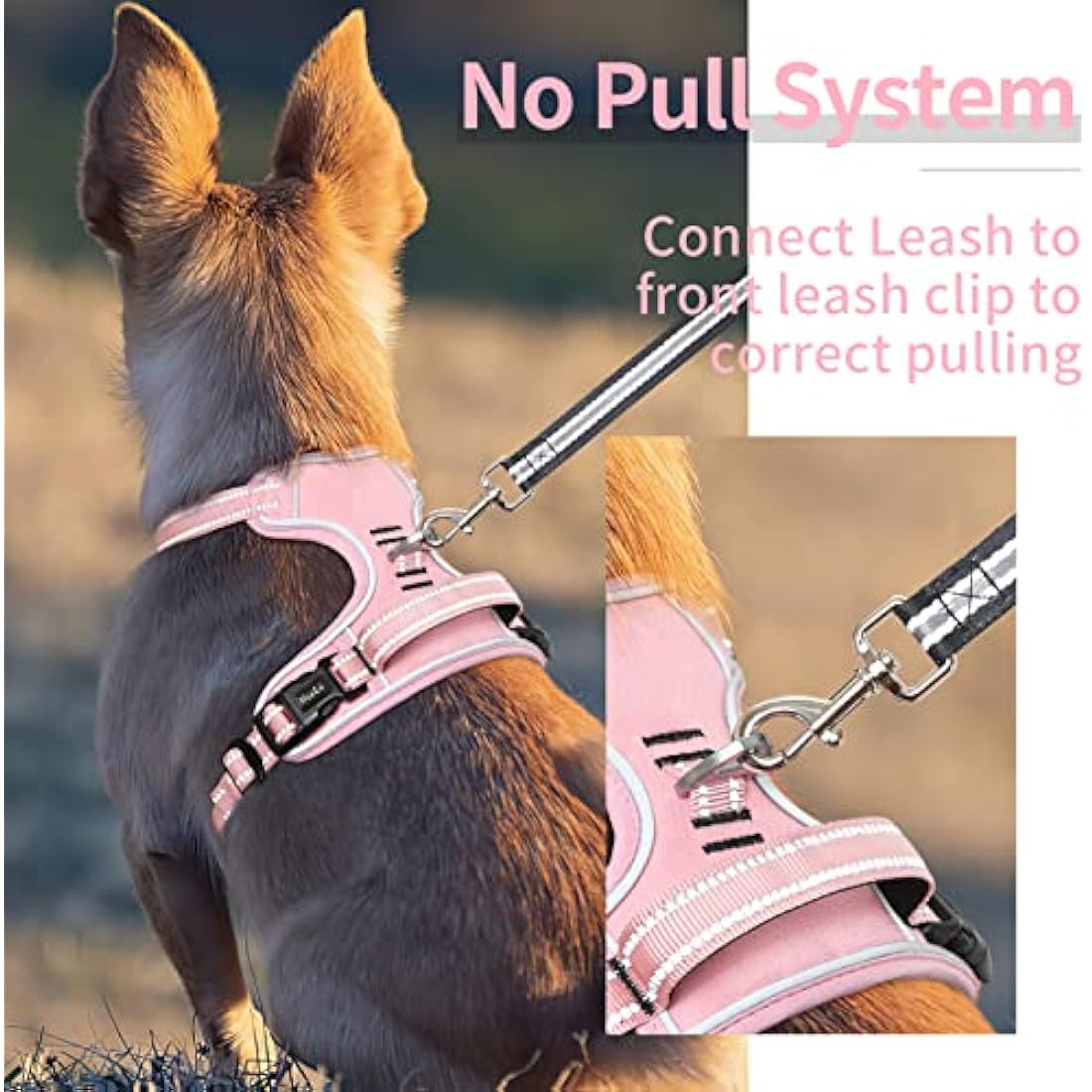 HEELE Dog Harness, Reflective Dog Harness, with Padded Handle Control, 2 Metal Rings, Harness for Small Medium and Large Dogs, Pink, L
