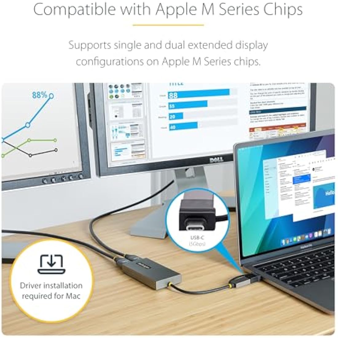 StarTech.com USB 3.0 or USB-C to Dual HDMI Adapter for Windows & macOS, 2x HDMI Displays (1x 4K30Hz, 1x 1080p), Integrated USB-A to C Dongle, 4in/11cm Cable (107B-USB-HDMI)