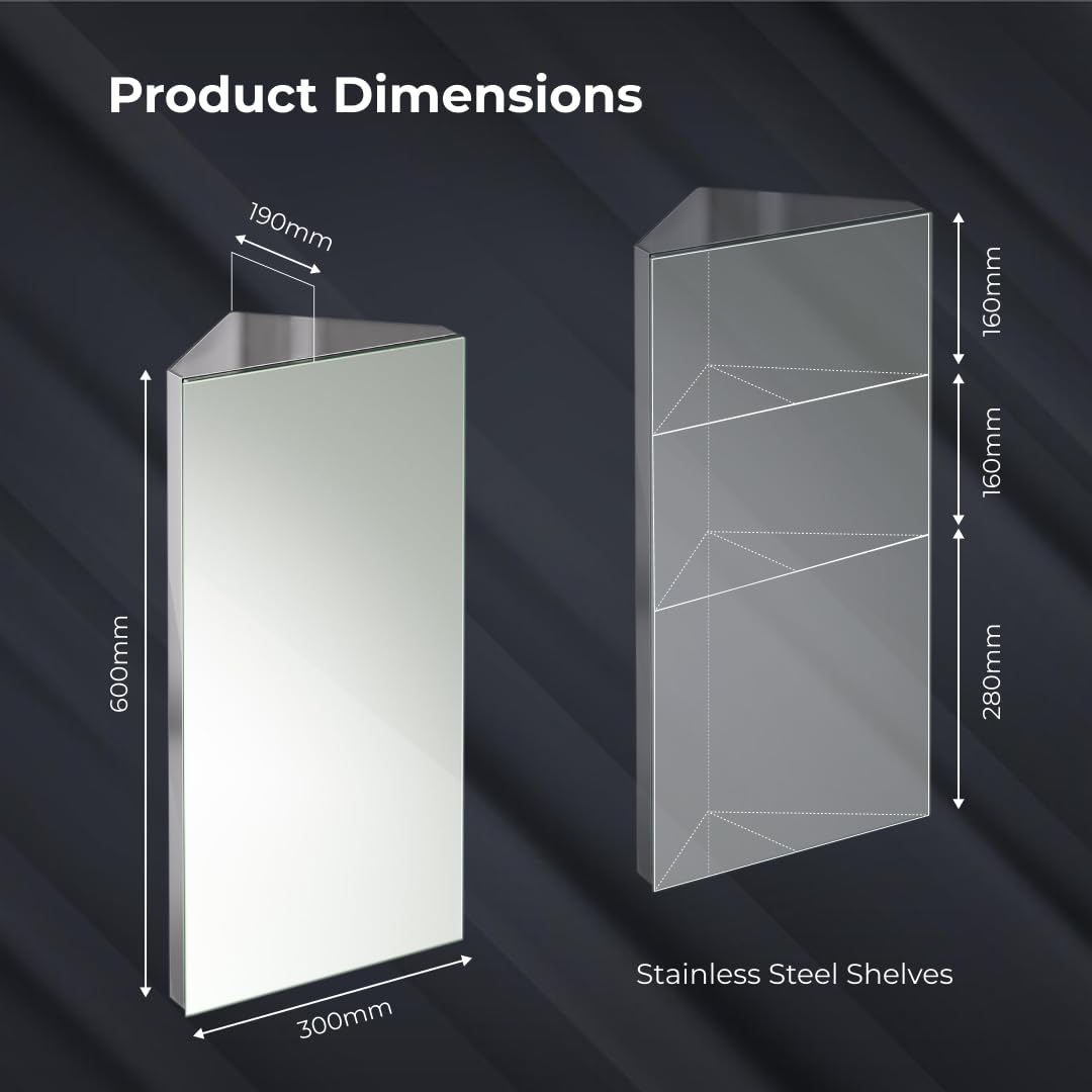 iBathUK Storvue Wall Mounted Corner Bathroom Mirror Cabinet, Frameless Triangular Silver Mirror, Magnetic Catch, Modern Bathroom Storage