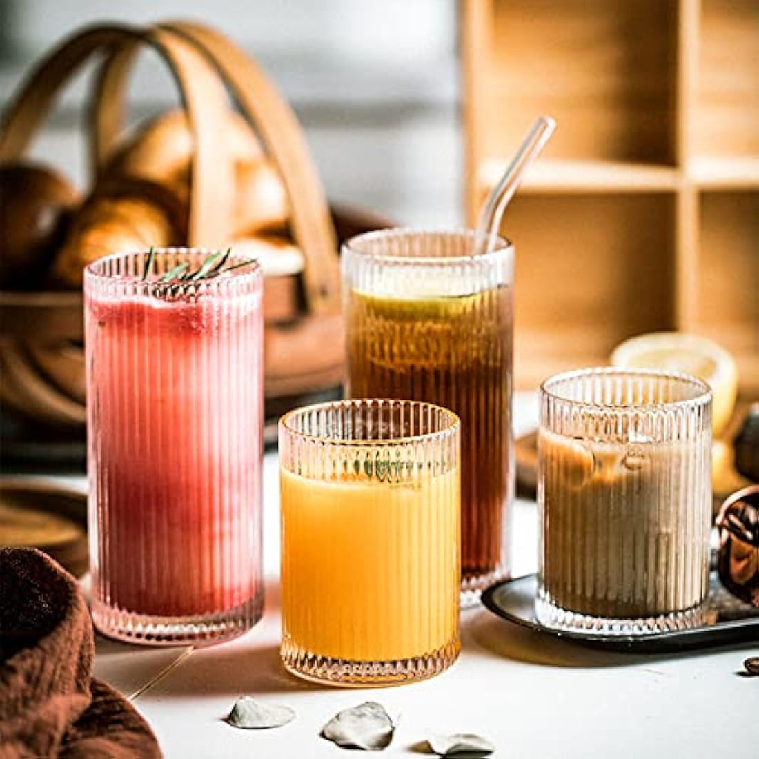 Drinking Glasses with Origami Style Set of 4pcs Glass Cups, 2 Highball Glasses & 2 Rocks Glasses, Elegant Ripple Vintage Glassware, Iced Coffee Glasses, Ideal for Cocktail, Whiskey,Beer