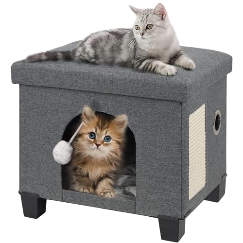 BRIAN & DANY Large Cat Cave for Indoor Cats, Multifunctional Cube Cat House with Cat Scratch Board & Ball, Cat Bed, 45 x 37.5 x 38 cm, Gray