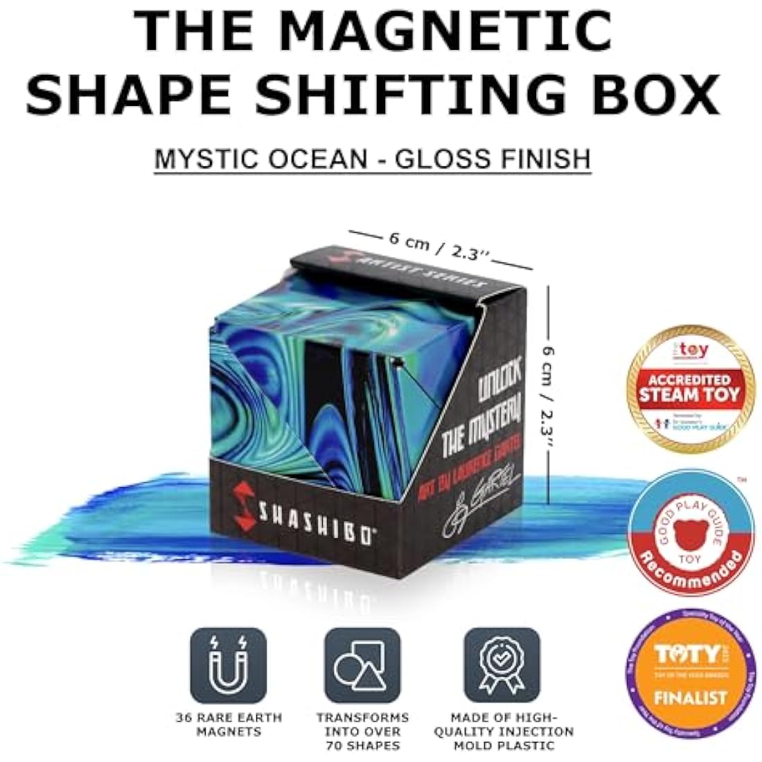 Shashibo Shape Shifting Box - Award-Winning, Patented Fidget Cube w/ 36 Rare Earth Magnets - Transforms Into Over 70 Shapes (Mystic Ocean- Artist Series)