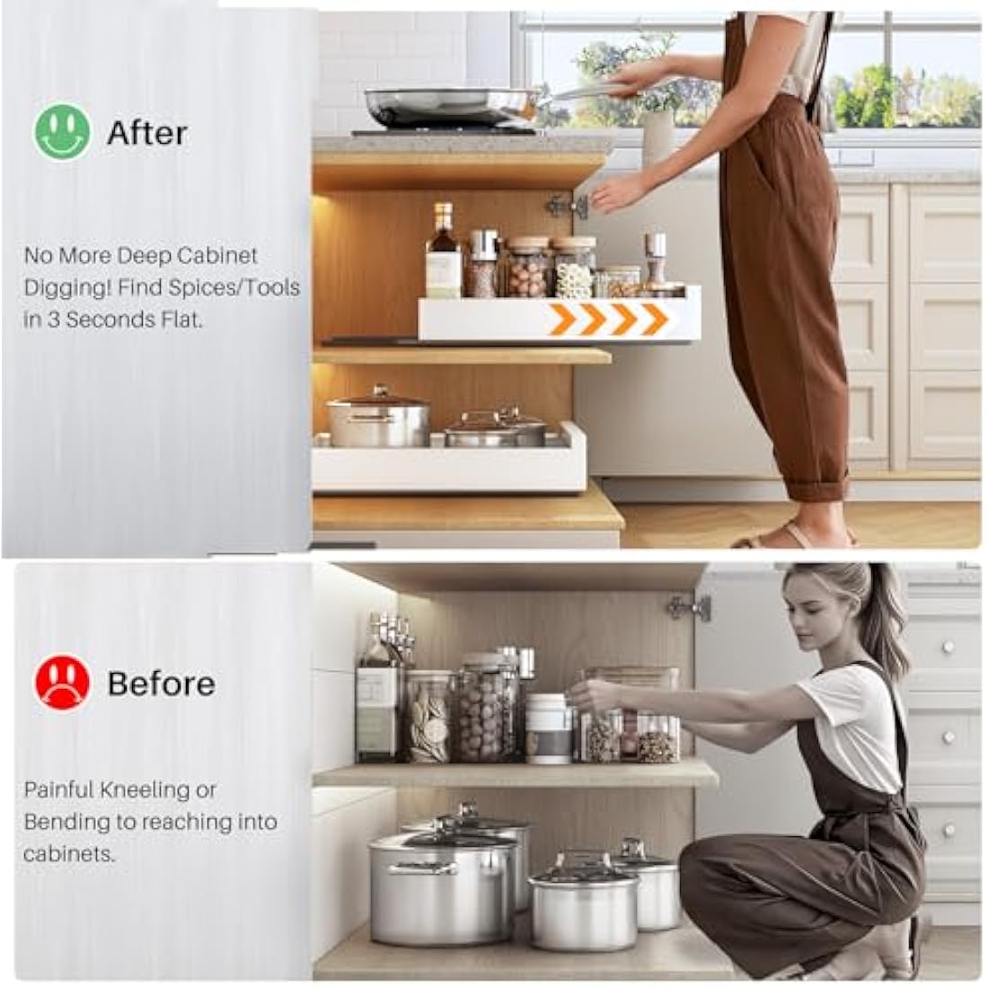 SAYZH Pull Out Cabinet Organiser, Slide Out Drawer Storage Shelves for Kitchen Cupboard, Roll-Out Extendable Sliding Drawer, (43 CM Depth x 25 CM Width x 9CM Height), No Need Drill and Nailing (White)