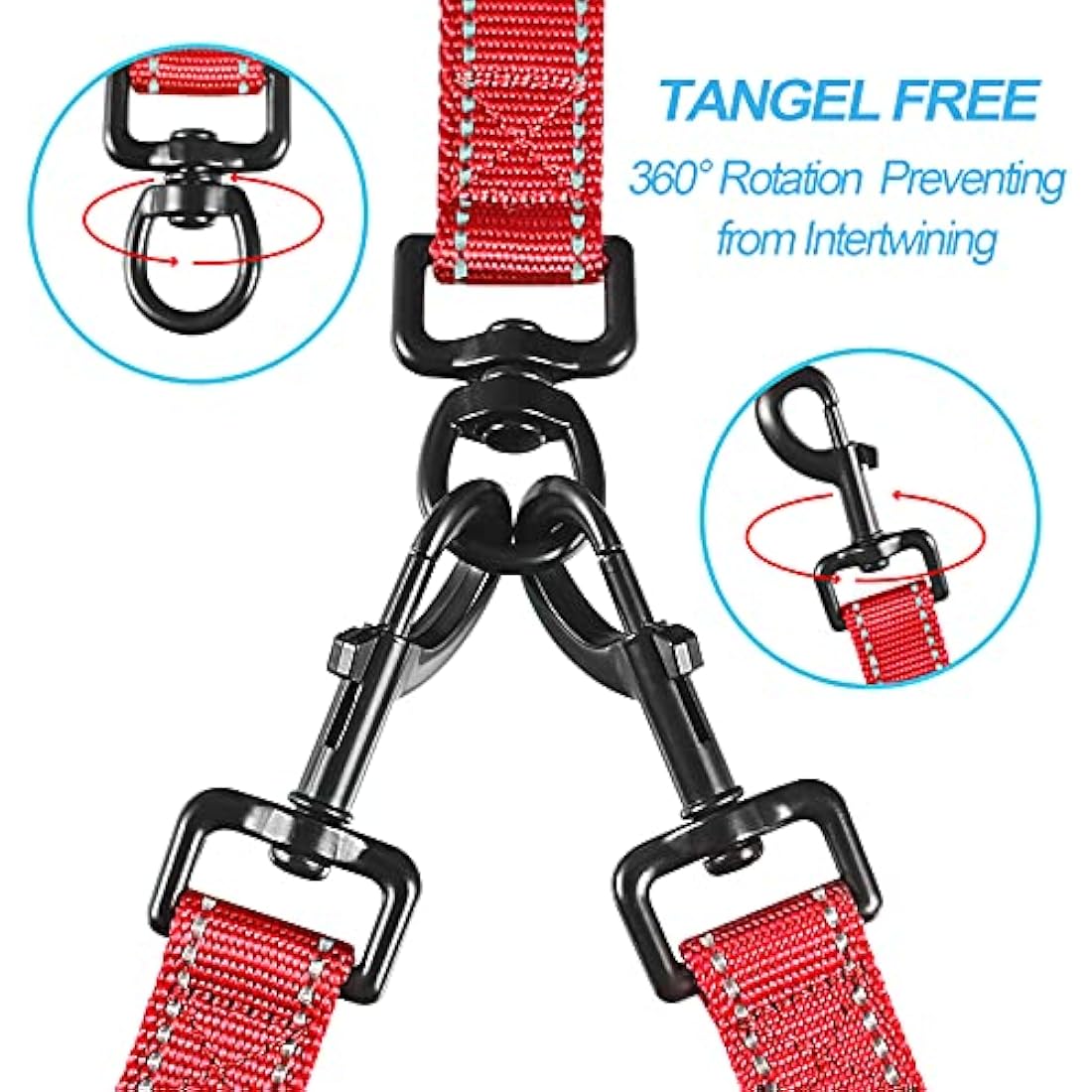 PetBonus Double Dog Leash, No Tangle Dual Leash, Reflective Walking Training Lead, 4 Comfortable Padded Handles for 2 Dogs with Collapsible Bowl and Waste Bags (Red, Large)