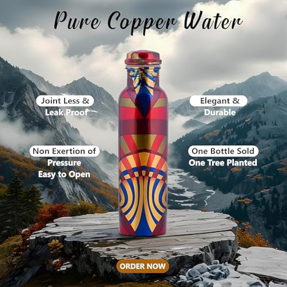 Craft Trade Printed Pure Copper Bottle with Lid and Carry Bag for Drinking Water BPA Free Leak Proof Boosts Immunity, Supports Digestive & Ayurveda Inspired 34oz - 1 Litre
