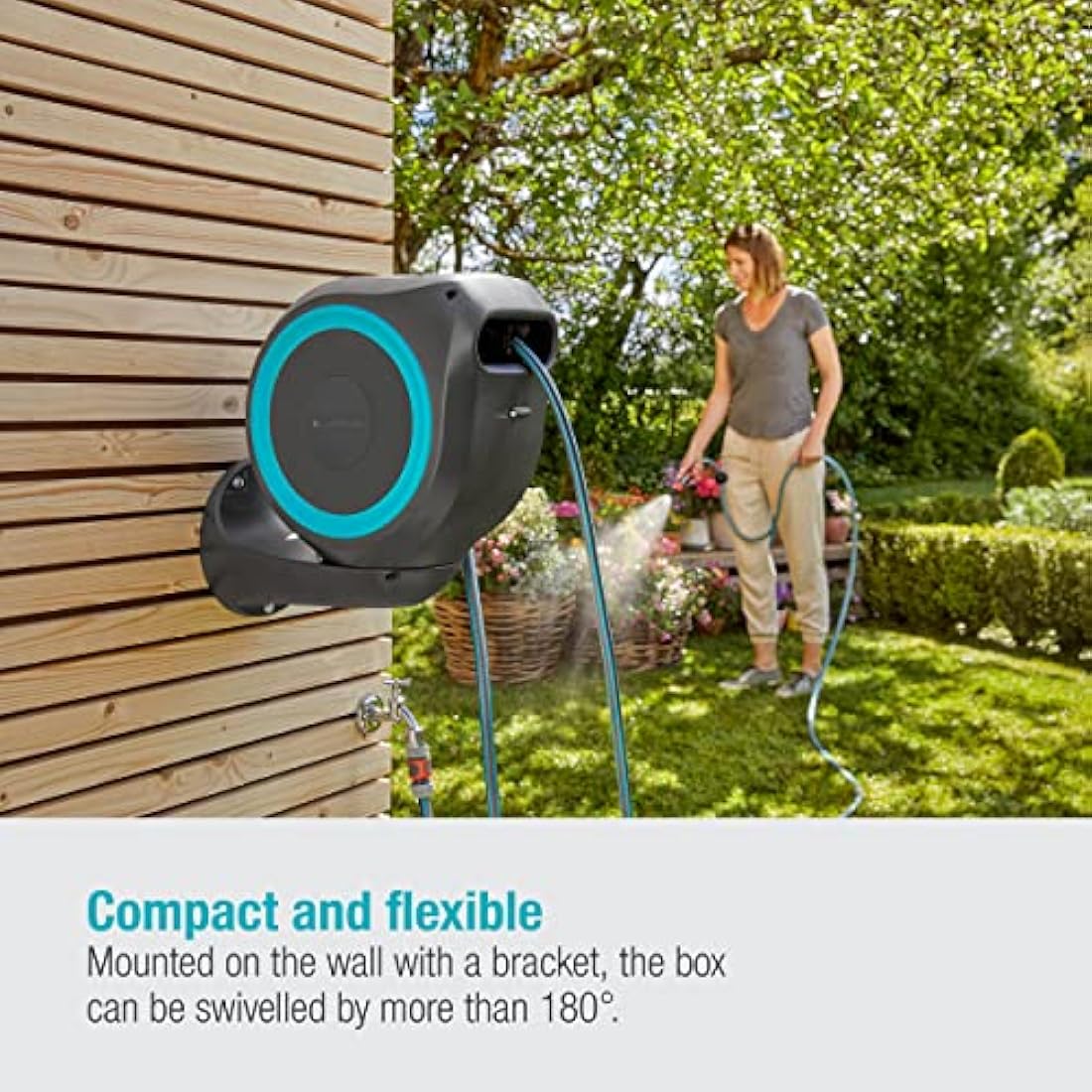 Gardena Wall-Mounted Hose Box RollUp S (turquoise): Versatile watering system for small gardens, swivel hose reel, with wall bracket, system parts and nozzle including 15 m Gardena hose (18600-20)