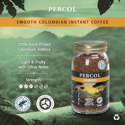 Percol - Smooth Colombian Instant Coffee (6x100g), 100% Hand-Picked Colombian Arabica, Freeze Dried, Light & Fruity Citrus Notes, Strength 3, Sustainable, Metal Lid, Recyclable, Rainforest Alliance