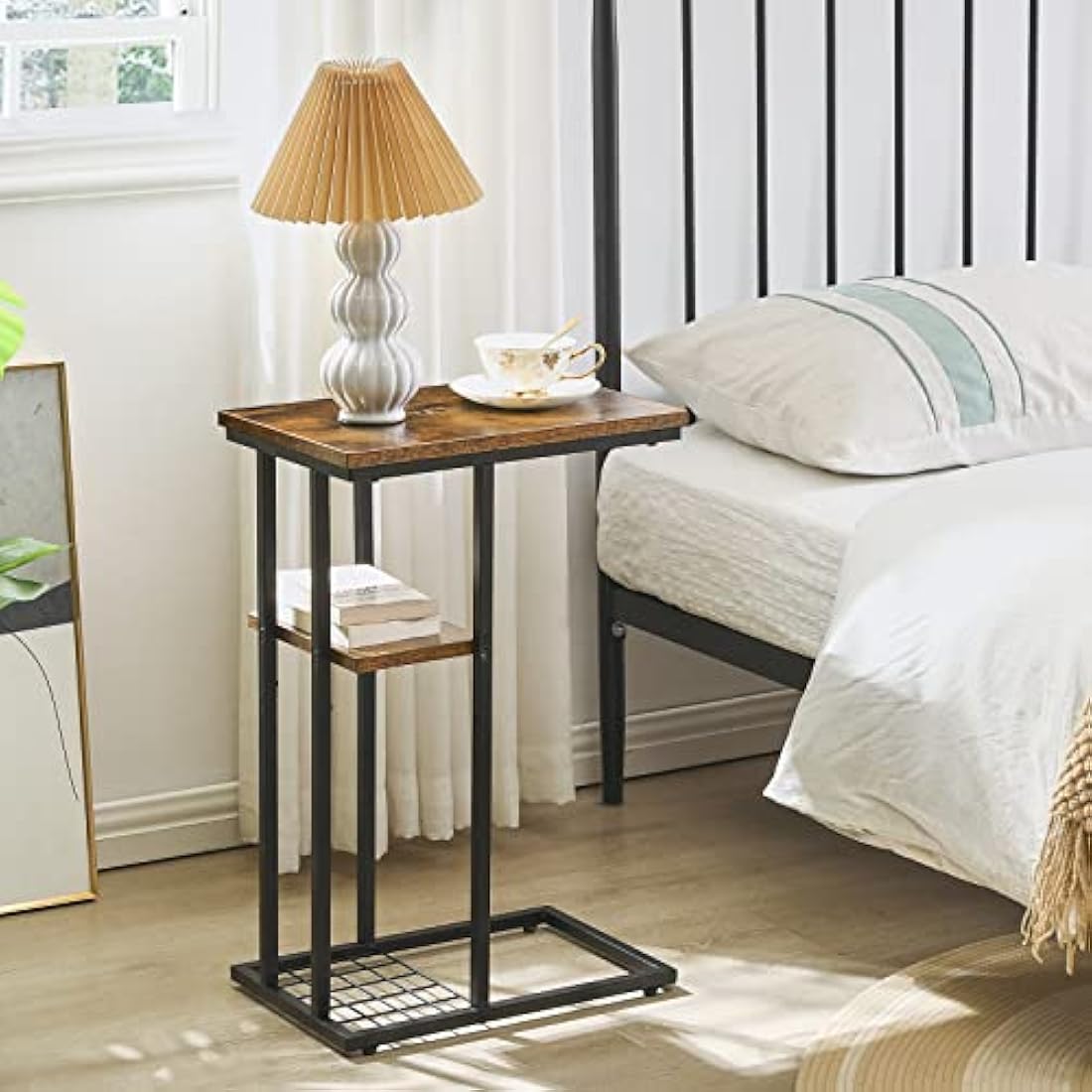 YMYNY C Shaped End Table, Snack Table, Side Table for Small Spaces, Living Room, Bedroom, Industrial, Small Table, Easy Install, 40 x 26 x 61.5CM Rustic Brown HST004H