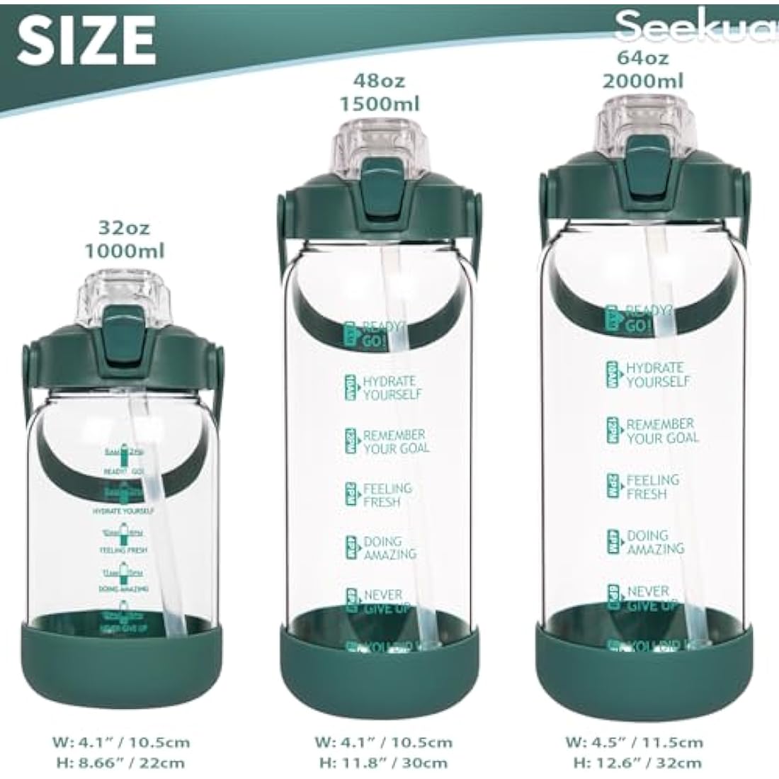 Seekua 2l Glass Water Bottle with Straw & Motivational Time Markings 2 litre Large Leakproof Gym Drinking Bottle
