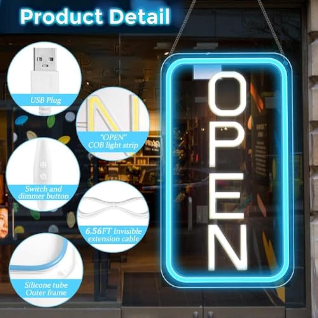 LightingWill LED Neon Open Sign, 16"x 9" Ultra Bright Open Signs for Business, Dimmable 5V USB Light Up Signs for Business Window, Coffee Shops, Stores, Restaurants Bars Hotel, Blue/White, Vertical