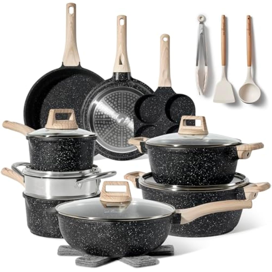 Just Perfecto pots and Pans Sets Non Stick, Induction hob pan Set, Saucepan Set, Non Stick Frying pan Set with lid Stock Pot, deep Frying pan, pots and Pans Set Granite cookware Set (21 Pcs Black)