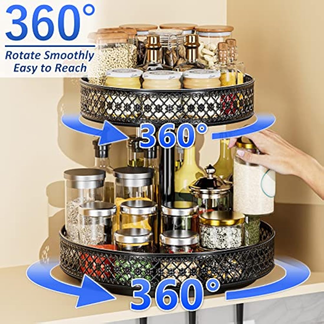 Lazy Susan Organizer 2 Tier - Turntable Spice Rack 12 inch Adjustable Metal Rotating Lazy Susan for Cabinet Pantry Kitchen Countertop Dining Table Cupboard Bathroom Vanity Storage Black