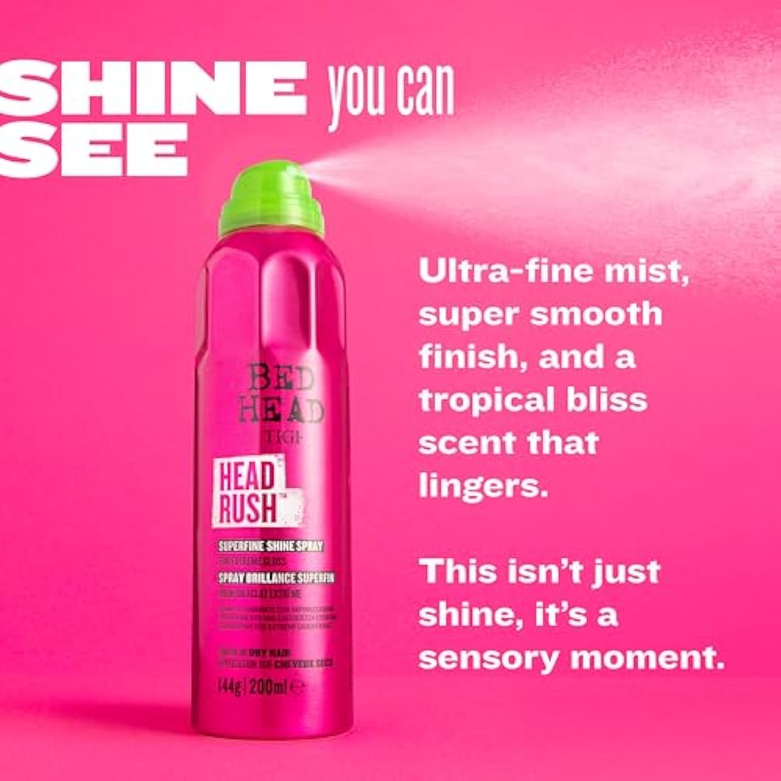 Bed Head by TIGI Headrush Shine Spray – Lightweight Shine Spray for Smooth, Glossy Hair – 200 ml