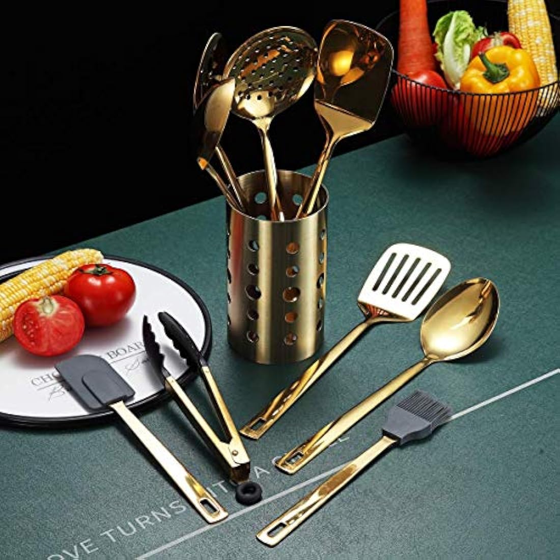 Berglander Gold Cooking Utensils Set, Stainless Steel 13 Pieces Kitchen Utensils Set with Titanium Gold Plating, Kitchen Tools Set with Utensil Holder, Dishwasher Safe, Easy to Clean