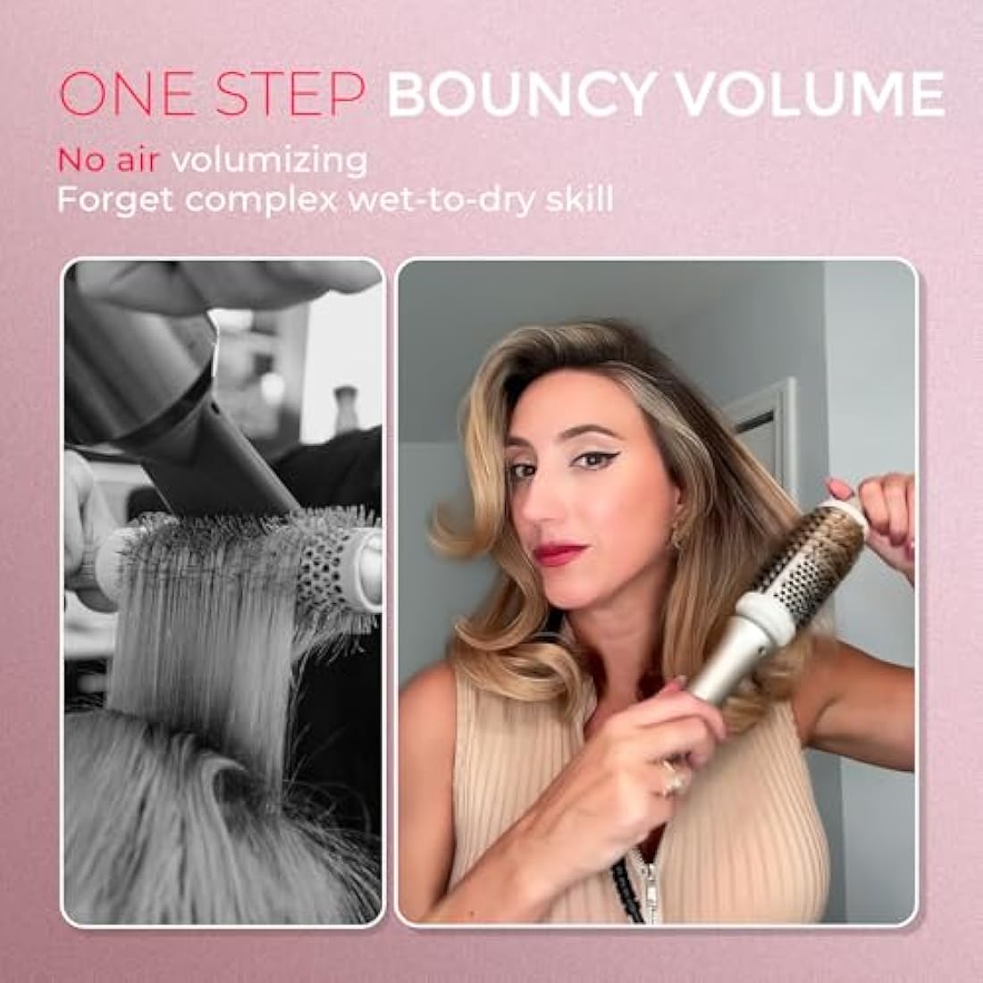 TYMO Thermal Brush - Curling Brush Hair Styler, Heated Round Curling Iron, Blowout Styler with Flexi-Fit Tech for Hair Straightening and Curling 2 in 1, Dual Voltage, 3 Temps, Quick & Easy, 43mm Gold