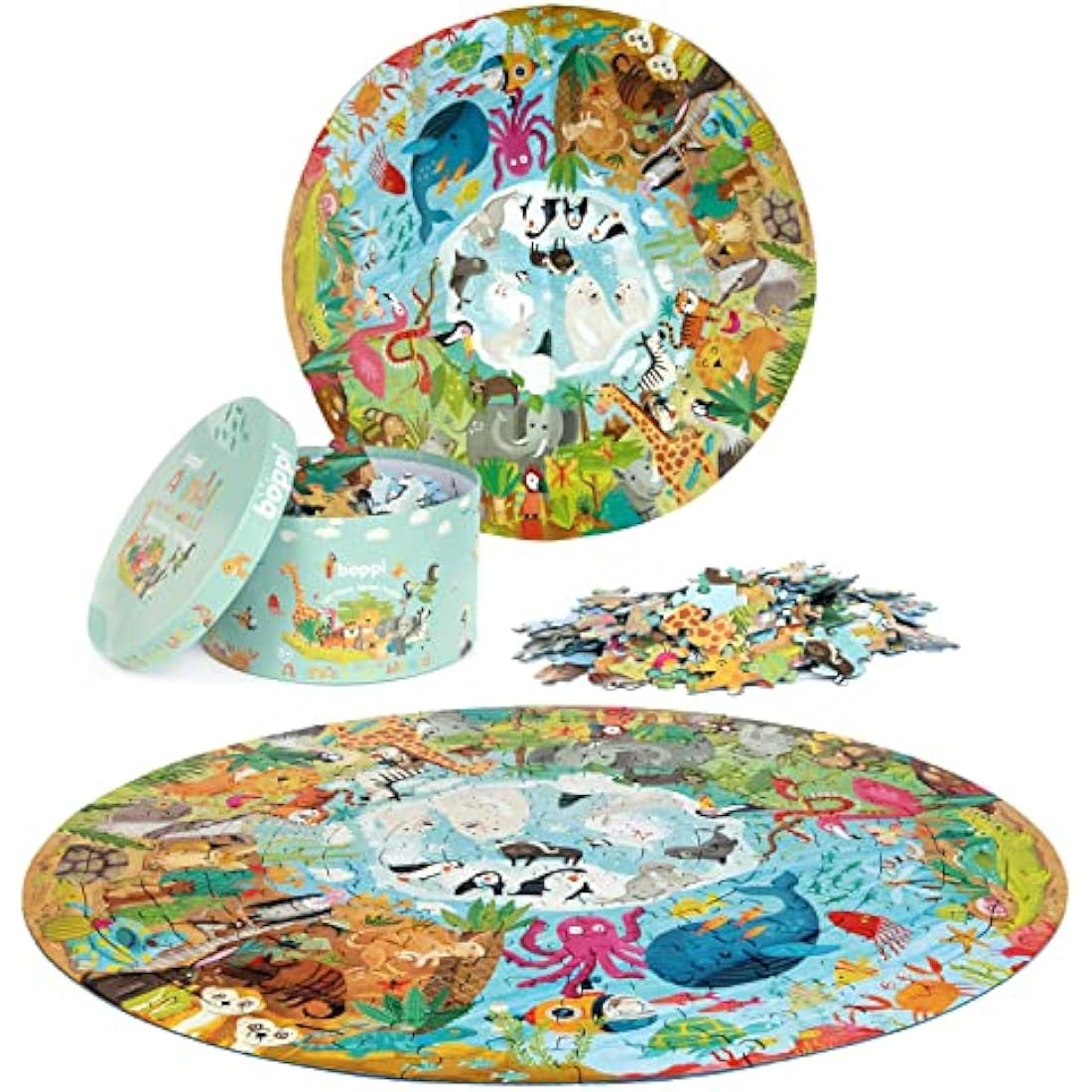 boppi Round 150 Piece Montessori Jigsaw for Kids Aged 5+ | Educational Jungle Puzzle with Continents & Animal Habitats | Eco-Friendly Recycled Cardboard - Animals of the World