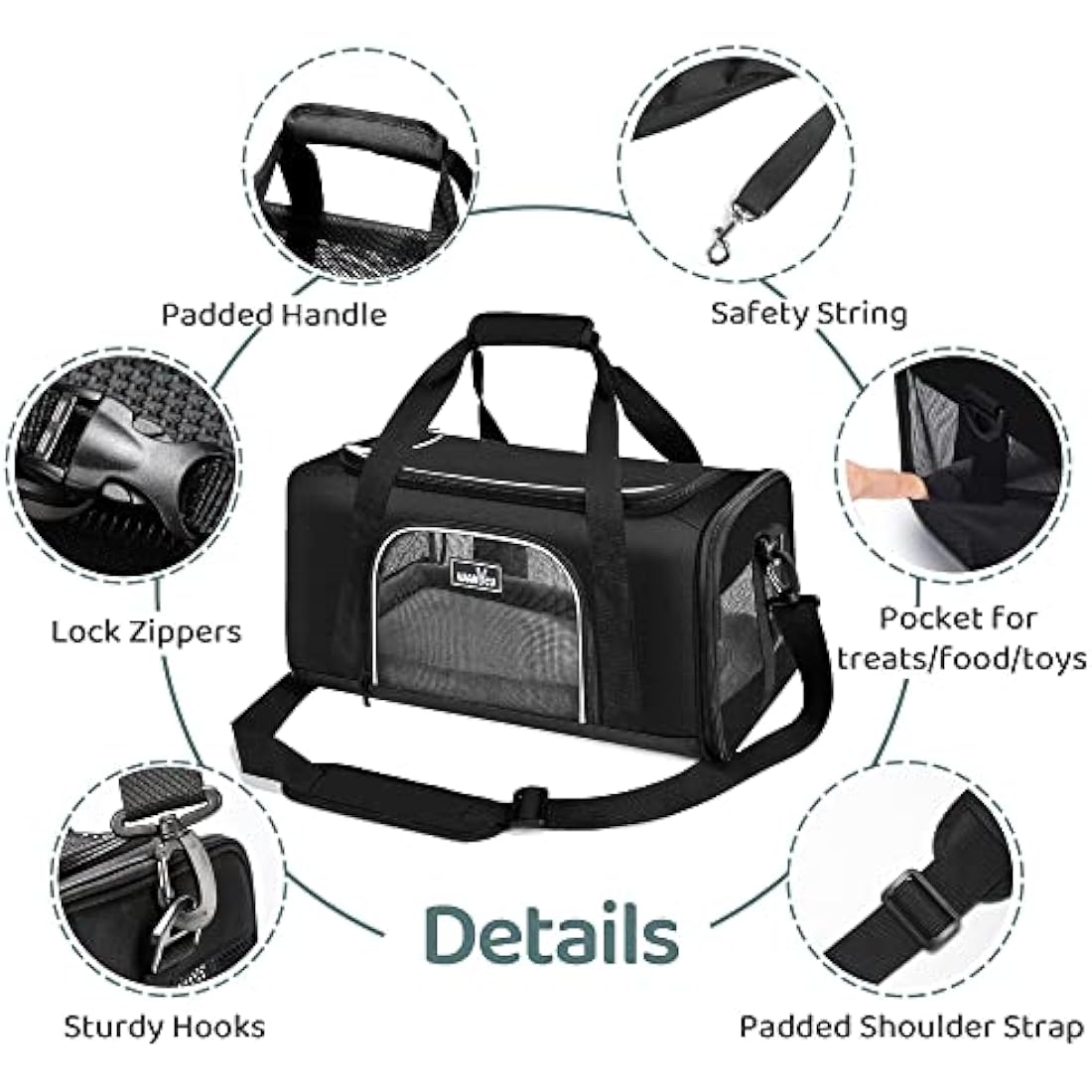 Wakytu TSA Approved Pet Carrier for Small Medium Cats and Dogs | Dog Carrier with Adequate Ventilation | 4 Mesh Windows, 3 Entrance, Locking Safety Zippers, Padded Shoulder Strap, Black