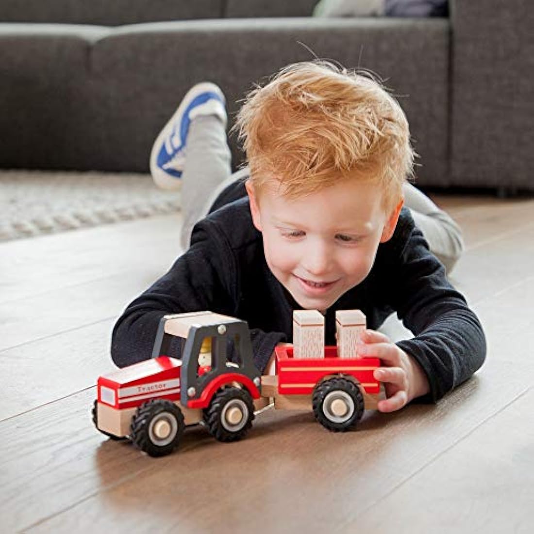 New Classic Toys Wooden Tractor with Hay Stacks for Toddlers 18+ Months Educational Toys for Preschool Age Toddlers Boys Girls, Red