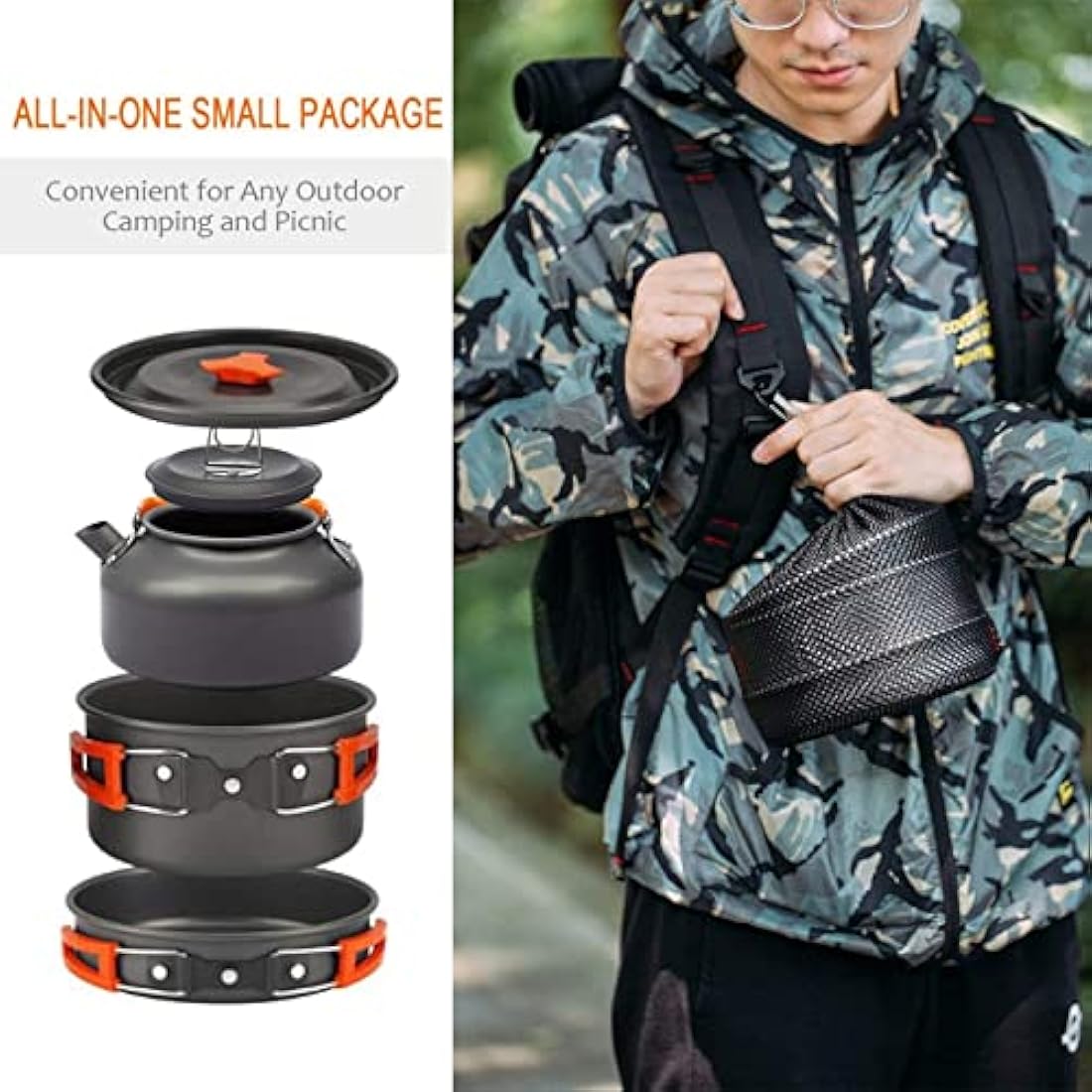 OVERMONT 0.8/1.2L Camp Kettle Camping Cookware Set Outdoor Cooking Mess Kit Pots Pans Portable for Backpacking Hiking Trekking Picnic Fishing Mountaineering