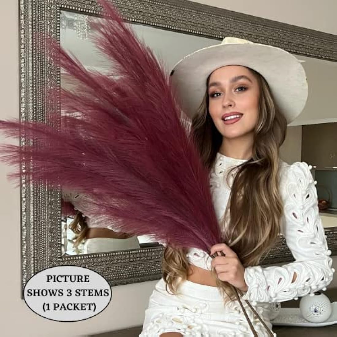 VOULUX Extra Large Tall Fuchsia Pink Fake Faux Artificial Pampas Grass Large Fluffy x3 115cm Stems x18 Decorative Artificial Flora Feathers For Floor Vases Tall Plant Flowers Long Pampas Grass