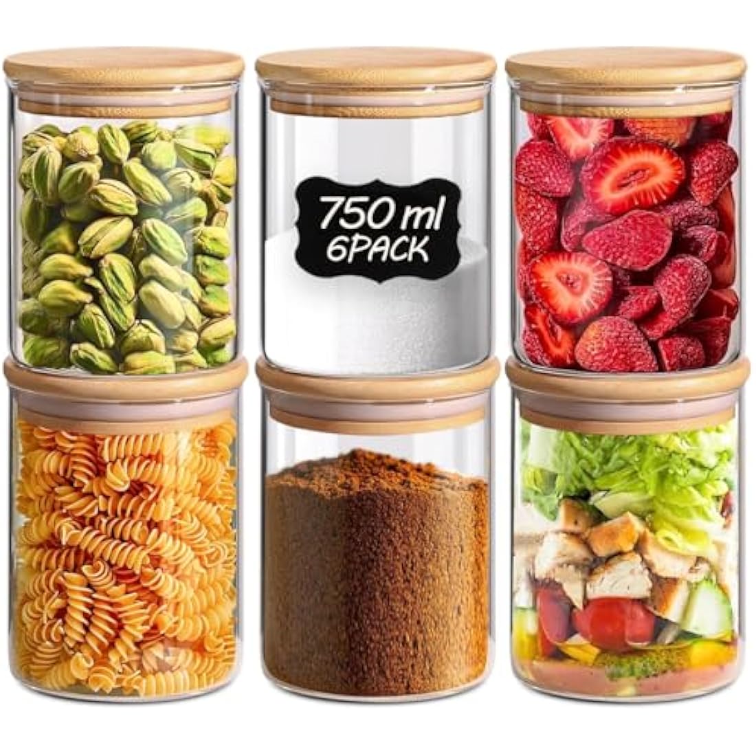 ComSaf 750ml Glass Food Storage Jars Set of 6, Clear Glass Storage Containers with Bamboo Lids, Pantry Organization Jar, Spice, Tea, Coffee and Sugar Container, Small Canister Set for Kitchen