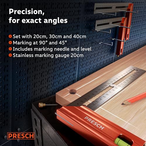 Presch Try Square Set | 200mm, 300mm & 400mm | All-in-One Compact Set | Includes rust-free marking gauge (20cm, 30cm & 40cm), level & scribing needle | 90° & 45° | Carpenters Squares, Square Tool