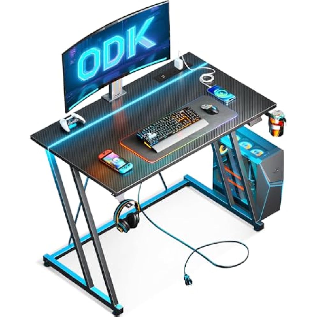 ODK Gaming Desk with LED Lights & Power Outlet, Gaming Table with Cup Holder and Headphone Hook, Double Z Frame Design Computer Desk Carbon Fiber Black 80 cm